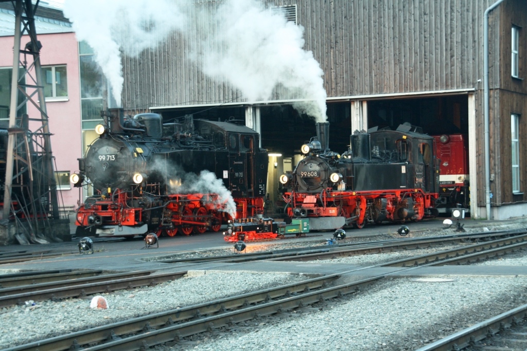 220813 360 Oberwiesenthal Bw Lokparade SDG F Modell VIIK 99 785 SDG L VIK 99 713 SDG W IVK 99 1608 vor Lokschuppen